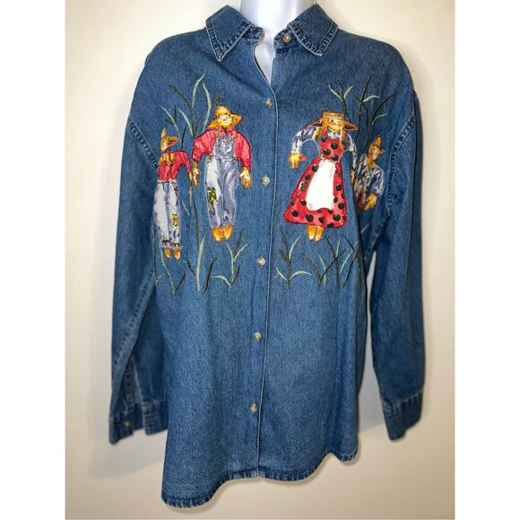 Women’s Fall Scarecrow Festive Button Down MEDIUM - Picture 4 of 8